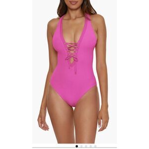 Becca by Rebecca Virtue Hot Pink Lace-Up Swimsuit Size Medium